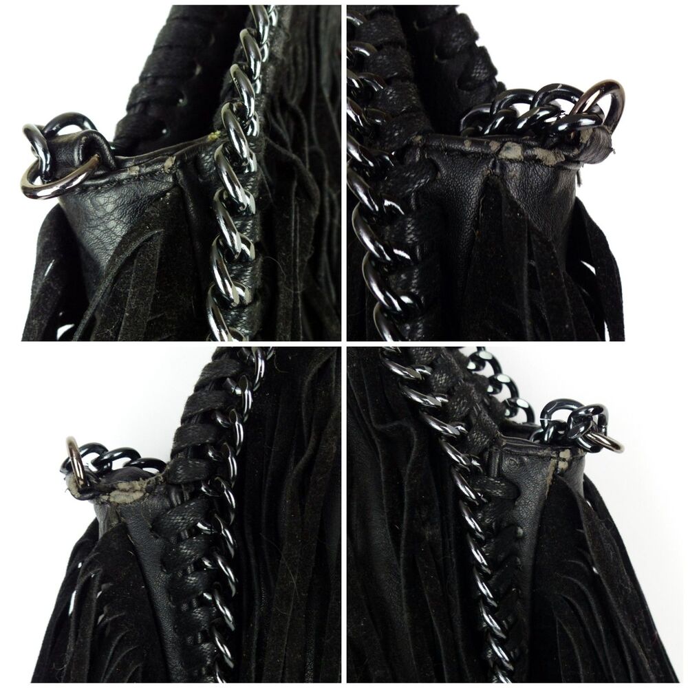 Steve Madden Fringe Chain Satchel Shoulder Bag Black Boho Festival Purse Rock - Picture 5 of 12